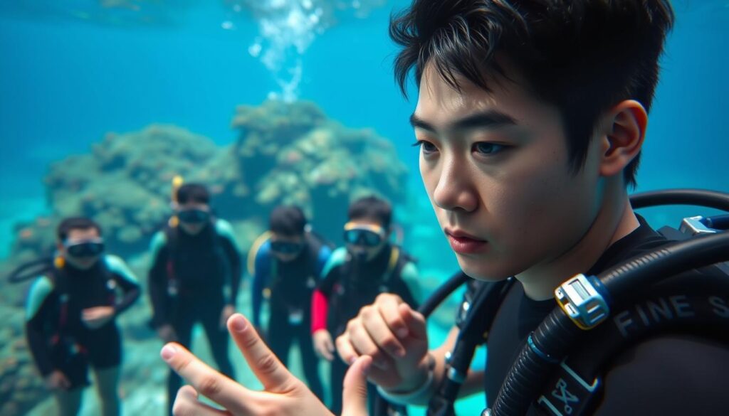 A young, Japanese-looking diving instructor in a vibrant underwater scene. In the foreground, the instructor demonstrates proper scuba gear setup, their face focused and determined. In the middle ground, a group of students listen intently, clad in wetsuits and masks. The background depicts a lush, colorful coral reef, illuminated by natural sunlight filtering through the clear blue waters. The scene conveys a sense of tranquility, adventure, and the instructor's dedication to their craft. The lighting is soft and ambient, highlighting the subject's features and the surrounding aquatic environment.