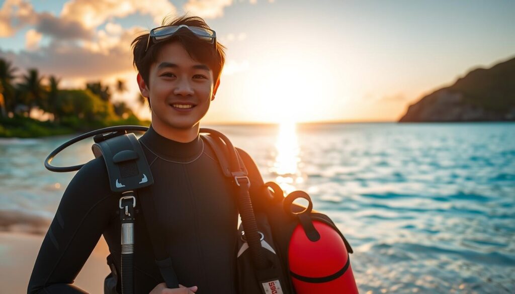A young, Japanese-looking diving instructor standing confidently on a picturesque tropical beach, dressed in a wetsuit and holding diving equipment. The sun is setting, casting a warm, golden glow over the scene. In the background, a palm tree-lined shore and crystal-clear turquoise waters create a serene and inviting atmosphere. The instructor's expression conveys a sense of passion and expertise, reflecting the independent nature of their career. The image effectively captures the essence of a diving instructor embarking on their own entrepreneurial journey.