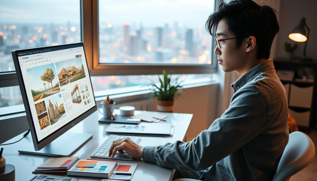 A young, Japanese-looking freelance environmental designer works intently at their desk, illuminated by a warm, soft light. The workspace is clean and minimalist, with a large window overlooking a vibrant cityscape in the background. The designer's expression is focused, their hand skillfully manipulating design software on a sleek, high-resolution display. An array of reference materials, color swatches, and inspirational sketches are neatly organized around them, conveying their deep passion for their craft. The scene exudes a sense of determination, creativity, and the excitement of embarking on an independent design journey.