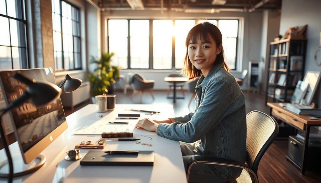 A young, Japanese-looking freelance jewelry designer, dressed in casual yet stylish attire, sits at a sleek, minimalist workstation. The workspace is flooded with warm, natural light filtering through large windows, casting a cozy, focused atmosphere. On the designer's desk, various sketches, tools, and samples of gemstones and metals hint at the creative process. The background features a modern, open-concept loft-style studio, showcasing the independence and flexibility of the freelance lifestyle. The model's expression conveys a sense of passion, concentration, and the excitement of being one's own boss.
