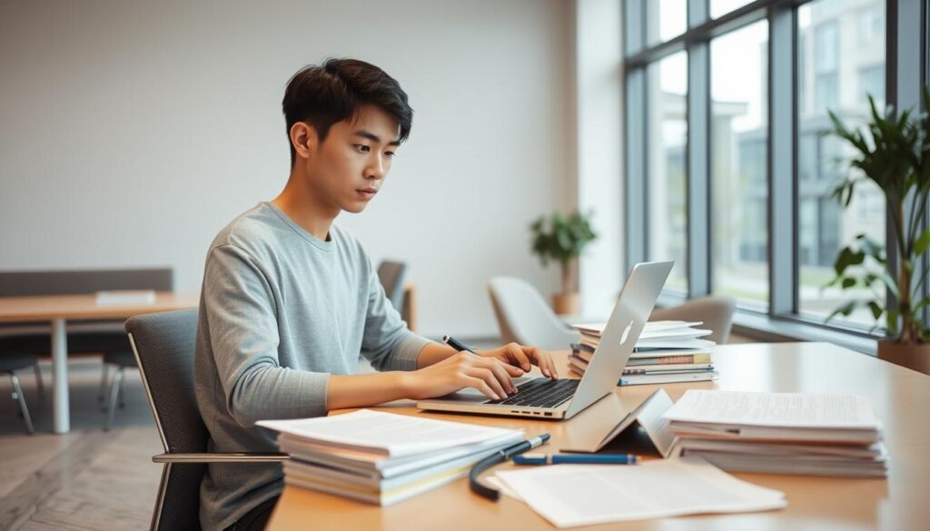 A young, Japanese-looking freelance writer sitting at a desk, typing on a laptop. The office setting is modern and minimalist, with sleek furniture and large windows letting in natural light. The writer has a focused, determined expression as they work, surrounded by stacks of papers, pens, and other writing tools. The atmosphere is one of quiet concentration and productivity. The scene captures the essence of a freelance writer's daily work routine.