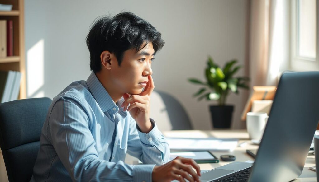 A young, Japanese-looking fund manager sitting at their desk, deep in thought. Soft, natural lighting illuminates the scene, casting subtle shadows and highlights. The workspace is organized, with financial reports and a laptop computer visible. The manager's expression conveys a sense of contemplation, balancing the demands of their profession with the need for a healthy work-life balance. The background is subtly blurred, keeping the focus on the manager's introspective moment.