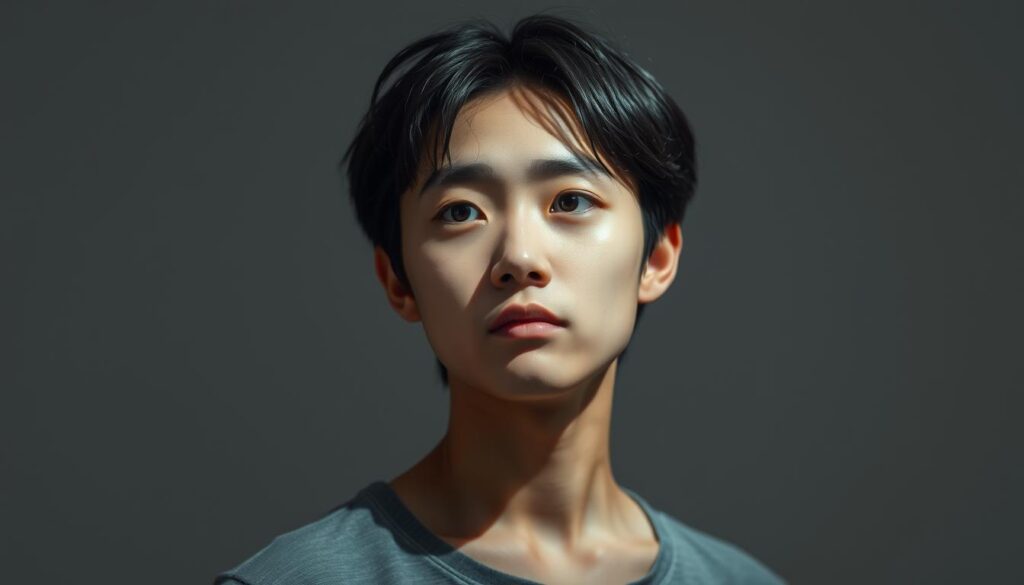 A young, Japanese-looking individual with a calm, thoughtful expression stands in a softly lit, minimalist setting. Their posture is upright and their gaze is focused, conveying a sense of poise and attentiveness. The lighting casts subtle shadows, accentuating the features of their face and creating a serene, contemplative atmosphere. The background is a muted, neutral palette, allowing the subject to be the central focus. This image captures the personality traits of a color coordinator - organized, detail-oriented, and possessing a keen eye for aesthetics.
