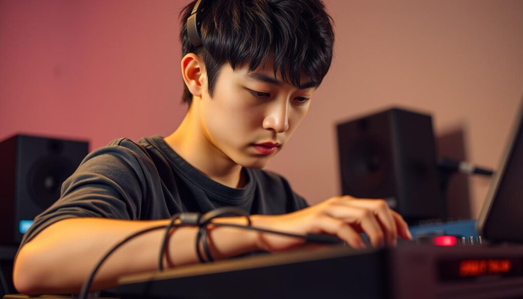 A young Japanese-looking individual with a focused, creative expression, working intently on a music production setup. The scene is well-lit, with soft, directional lighting highlighting the subject's features and equipment. The background is slightly blurred, creating a sense of depth and emphasis on the sound creator's activities. The overall mood is one of dedication, concentration, and passion for their craft.