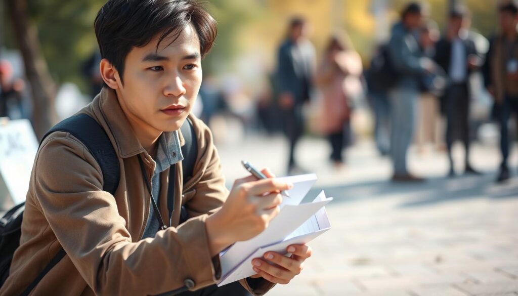 A young Japanese-looking journalist with a serious expression, kneeling on the ground with a notepad and pen in hand, intently documenting a scene unfolding before them. Bright natural lighting illuminates the subject, highlighting the concentration on their face as they diligently capture the details of their reportage. The background is blurred, placing the focus solely on the reporter's work, conveying the intensity and dedication required for this profession. The image evokes a sense of authenticity and the important role a reporter plays in documenting real-world events.