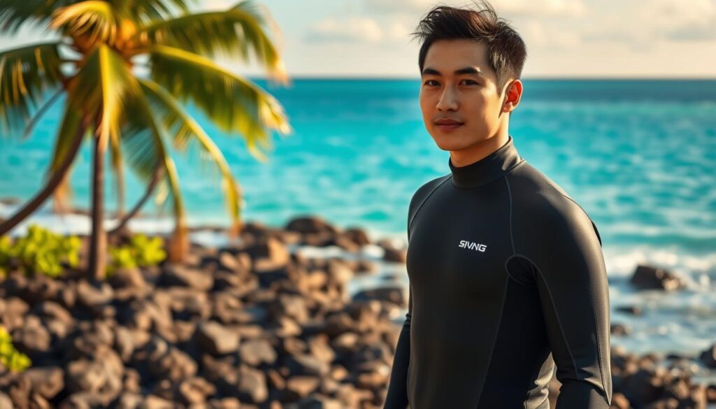 A young, Japanese-looking man dressed in a wetsuit stands confidently on a rocky shore, gazing out at the serene, turquoise waters of the ocean. Behind him, a vibrant, tropical landscape frames the scene, with lush palm trees swaying gently in the breeze. Warm, soft lighting bathes the entire composition, creating a serene and inviting atmosphere. The man's expression exudes a sense of professionalism and expertise, hinting at the skills and training required to become a diving instructor. The overall image conveys the costs and efforts involved in obtaining such a specialized certification.