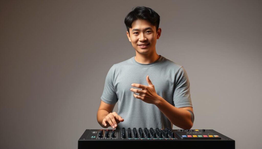 A young, Japanese-looking man with a serious yet approachable expression, standing in a well-lit studio setting. His hands are poised gracefully, conveying a sense of skill and attentiveness as he operates a sleek, professional-grade mixer. The background features subtle, neutral tones that allow the subject to take center stage, showcasing his innate talent and keen sensibility for his craft. Soft, directional lighting casts subtle shadows, accentuating the man's features and the mixer's elegant lines. The overall atmosphere is one of quiet confidence and refined professionalism, capturing the essence of the mixer's essential human qualities and technical mastery.