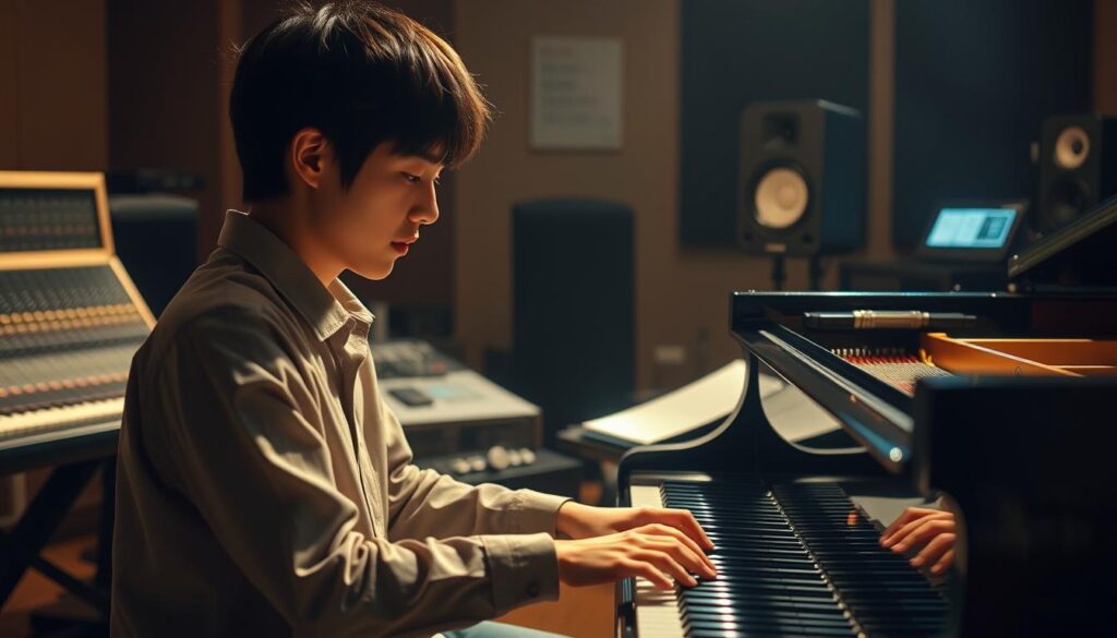 A young, Japanese-looking musician sits at a grand piano, their fingers dancing across the keys with effortless grace. The lighting is warm and soft, casting a gentle glow on their face as they concentrate intently on the music they are creating. In the background, a soundboard and various recording equipment hint at the technical expertise required to be a skilled arranger. The atmosphere is one of deep focus and creative energy, capturing the essence of the musical knowledge and technical mastery needed to excel in this profession.