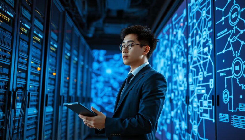 A young, Japanese-looking network engineer standing in a dimly lit, futuristic-looking server room. The engineer is wearing a crisp, navy blue suit and holding a tablet, gazing intently at the array of blinking lights and cables. In the background, intricate network diagrams and schematics are projected onto the walls, casting a soft, blue glow throughout the space. The scene conveys a sense of focus, expertise, and the exciting potential of a career in network engineering.
