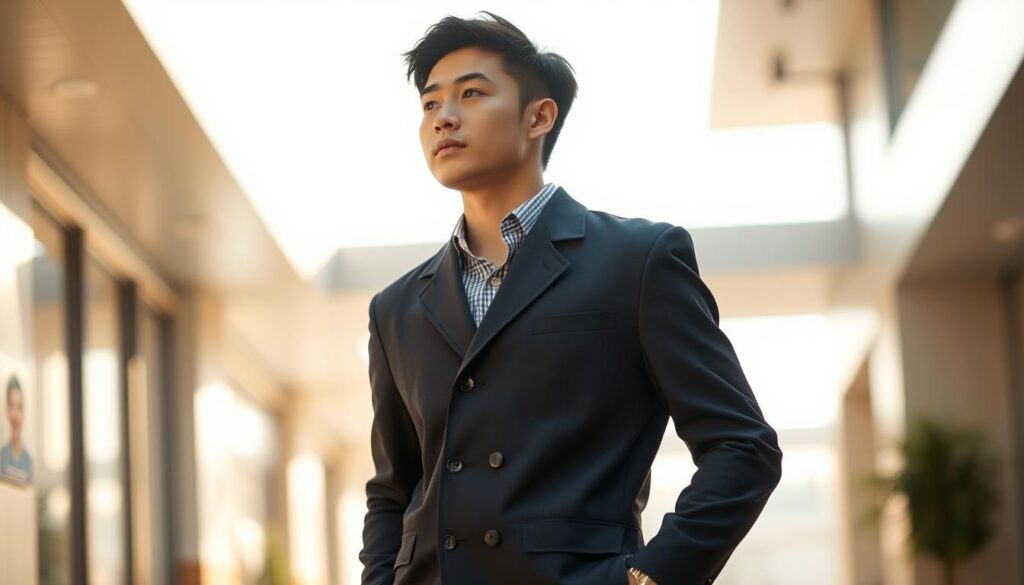 A young, Japanese-looking person standing confidently, gazing off into the distance. They are dressed in a crisp, professional-looking uniform, suggesting a career change into the cleaning industry. The scene is lit with warm, natural lighting, creating a sense of optimism and opportunity. The background is softly blurred, keeping the focus on the figure and their potential new path. The overall mood is one of determination and a willingness to take on a new challenge, reflecting the theme of transitioning into a career as a cleaning professional.