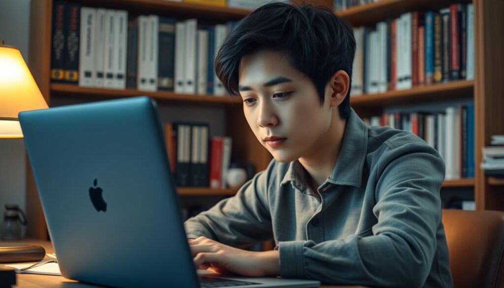 A young Japanese-looking person with black hair sits at a desk, intensely focused on their laptop screen. Soft, warm lighting from a nearby lamp illuminates their face, highlighting their concentration. The background features a bookshelf filled with game development and writing reference materials, hinting at the specialized knowledge required for this profession. The scene conveys a sense of dedication and expertise in the fields of game development and scenario writing.