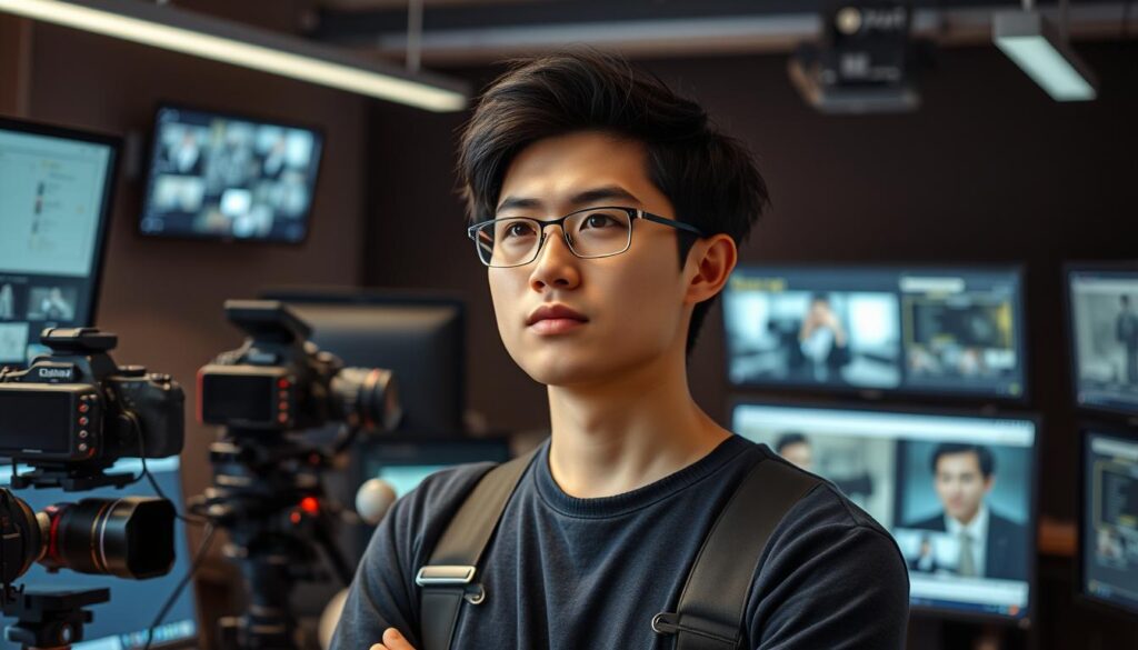A young, Japanese-looking photographer stands in a studio, surrounded by high-tech digital cameras and computer screens. Thoughtful expression, deep in contemplation as they navigate the rapidly evolving world of digital photography. Soft, even lighting illuminates the scene, capturing the essence of the modern photographic director's role - blending traditional skills with emerging technologies to craft compelling visuals. The atmosphere is one of quiet focus and creative exploration, reflecting the dynamic changes transforming the industry.