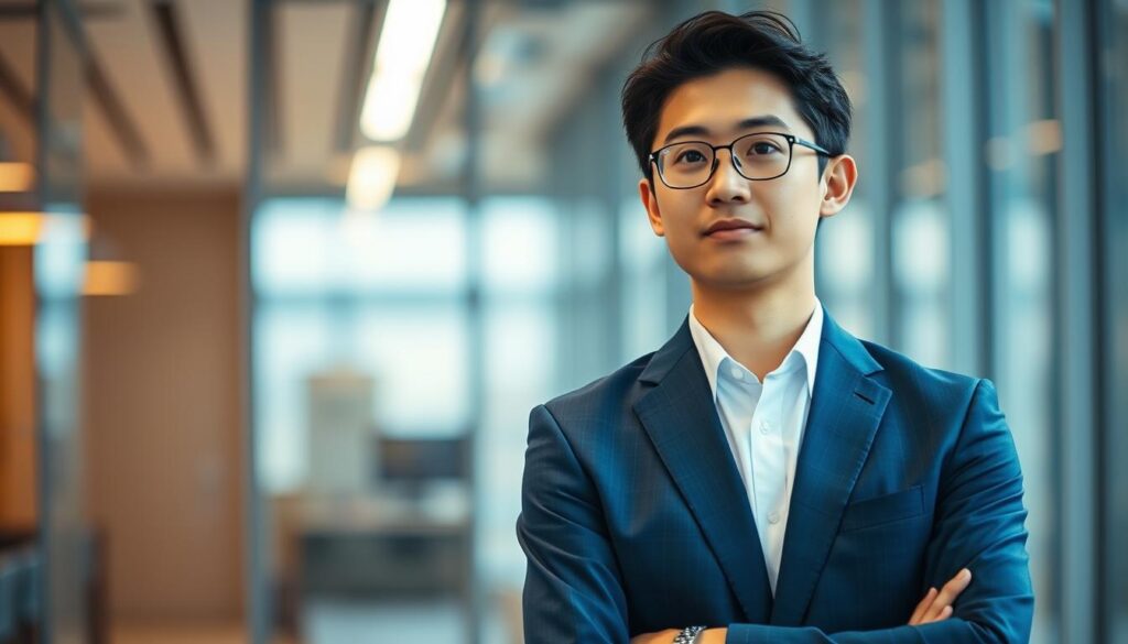 A young, Japanese-looking professional in a crisp business suit stands confidently in a modern office setting, surrounded by a balance of warm and cool lighting. The figure's expression conveys a thoughtful, analytical demeanor, well-suited for a public policy consultant navigating the complexities of their field. The scene is captured with a slightly elevated camera angle, emphasizing the subject's poise and authority. The overall atmosphere evokes a sense of expertise, diligence, and intellectual engagement - qualities essential for a successful career in public policy consulting.