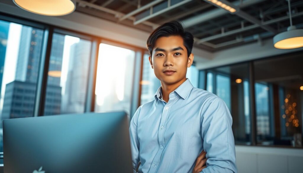 A young, Japanese-looking professional standing confidently in a well-lit, modern office space, eyes focused with determination. Sleek, minimalist desk and computer setup in the foreground, suggesting technological expertise. Overhead lighting casts a warm, productive glow, while large windows in the background reveal a bustling cityscape, hinting at the consultant's role in urban planning and development. The model's expression conveys a sense of investment in their field, ready to leverage their specialized spatial information skills to drive progress.