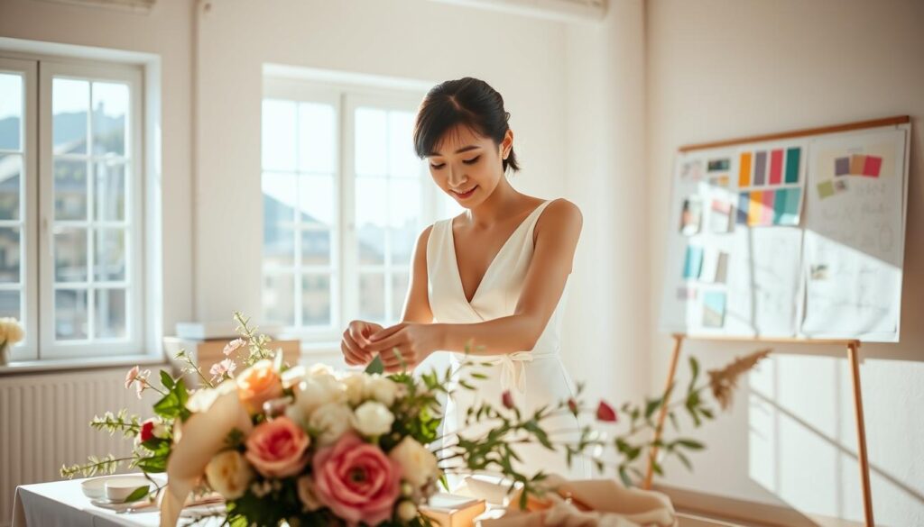 A young, Japanese-looking wedding planner standing in a bright, airy room, meticulously arranging flowers and linens on a table. The sunlight filters through large windows, casting a warm glow over the scene. The planner's expression is focused, yet serene, as they carefully consider the placement of each element. In the background, a vision board with color swatches and sketches hints at the collaborative nature of their work. The overall atmosphere conveys the planner's attention to detail and commitment to crafting the perfect wedding day experience.