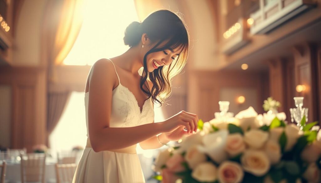 A young, Japanese-looking wedding planner stands in a sunlit, elegant venue, meticulously arranging flowers and linens with a focused, yet joyful expression. Soft, warm lighting illuminates the intricate details of her work, capturing the sense of care and attention she devotes to every aspect of the couple's special day. The scene exudes a palpable air of anticipation and emotional fulfillment, reflecting the deep satisfaction the planner experiences in helping to create cherished memories.