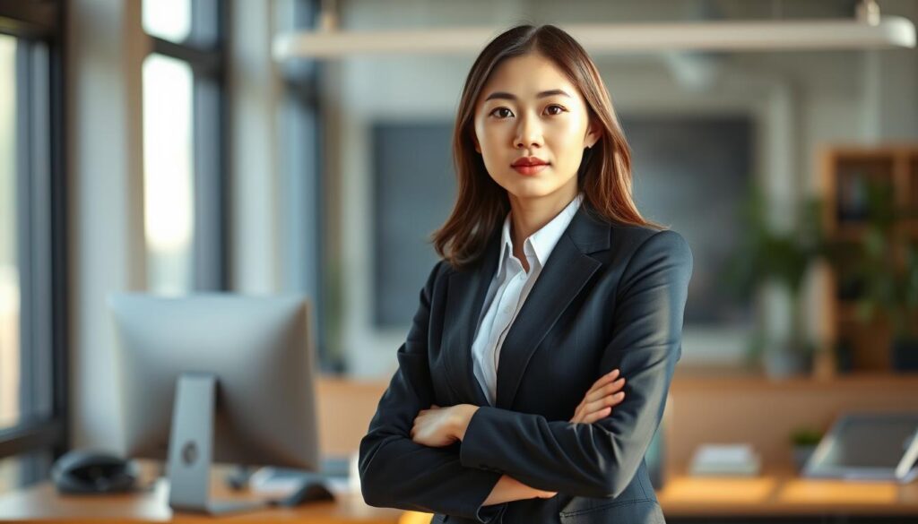 A young, Japanese-looking woman in a business suit, standing confidently in a modern office setting. The lighting is soft and natural, casting a warm glow on her face. She appears thoughtful, her expression suggesting a transition or career change. The background is blurred, with subtle hints of a computer monitor and desk, conveying a professional environment. The overall mood is one of determination and optimism, reflecting the journey of a copywriter seeking a new path.