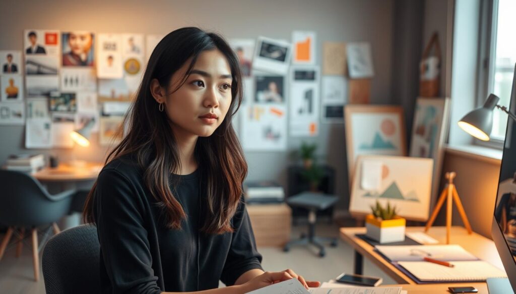 A young, Japanese-looking woman in a creative director's office, surrounded by mood boards, sketches, and digital design tools. Soft, warm lighting illuminates her focused expression as she contemplates her next move. The background is a blend of modern, minimalist furniture and pops of vibrant color, hinting at her design aesthetic. The image conveys a sense of creative flow and the journey of an aspiring creative director.
