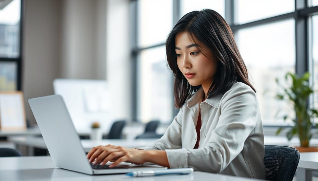A young, Japanese-looking woman with dark hair sits at a desk, intently typing on a laptop. The room is bright, with natural light filtering in through large windows. She is wearing a casual, yet professional outfit, her expression focused and contemplative. The background is blurred, but hints at a modern, digital-era office setting. The overall atmosphere conveys the idea of a columnist or writer in the digital age, deeply engaged in their work and shaping the narrative of our time.