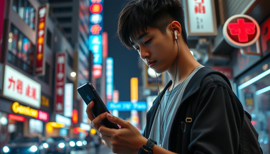A young Japanese street musician, dressed in a casual urban outfit, stands on a bustling city street, discreetly using a smartphone and earbuds to interface with a hidden digital system. The scene is lit by a mix of natural sunlight and neon city lights, creating an atmospheric, cyberpunk-inspired ambiance. The musician's expression is focused, as they manipulate the digital technology to subtly influence their surroundings and audience. The background features a mix of modern architectural elements and hints of traditional Japanese aesthetics, reflecting the fusion of old and new.