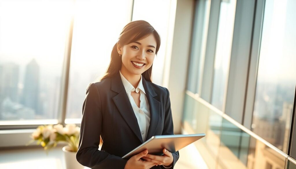 A young Japanese woman in a formal business attire, standing confidently in a sunlit office with a panoramic city view in the background. She holds a tablet computer, symbolizing her role as a professional wedding planner. The lighting is soft and warm, creating a sense of productivity and ambition. The camera angle is slightly elevated, emphasizing her poise and the upward trajectory of her career path. The overall mood is one of optimism, purpose, and the promise of a fulfilling career in the wedding industry.