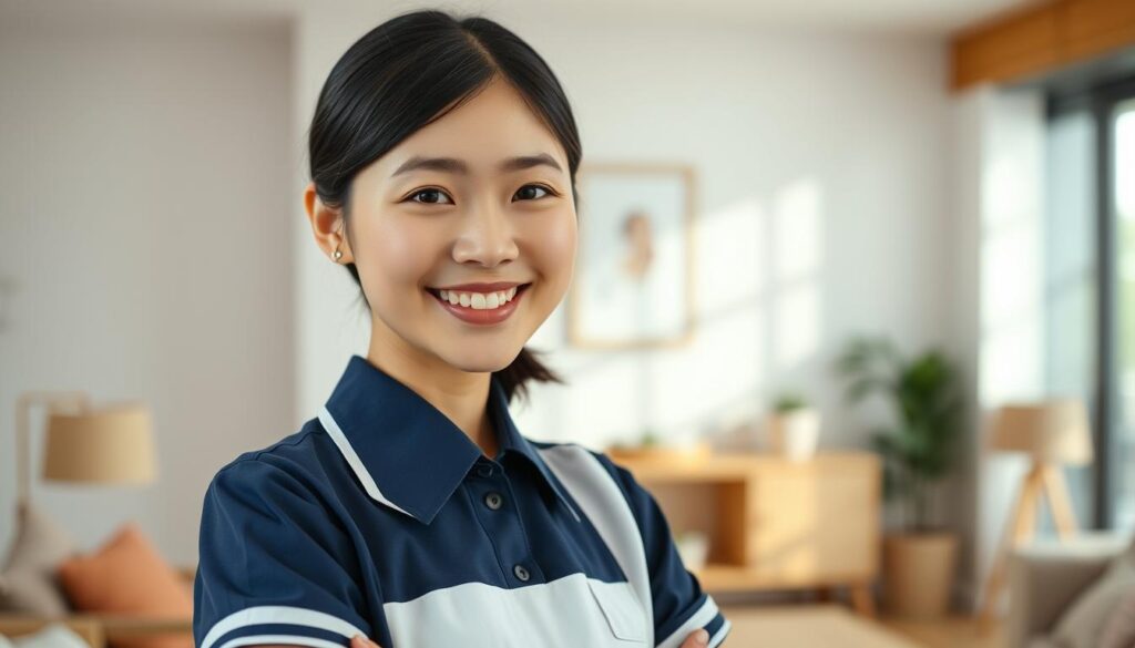 A young Japanese woman in a professional nanny uniform stands in a well-lit, modern interior. She is smiling warmly, her black hair framing her youthful, realistic face. The background features minimal, tasteful decor, with soft, natural lighting illuminating the scene. The image conveys a sense of professionalism, competence, and approachability, capturing the essence of a nanny's work and the potential for a rewarding career with a comfortable income.
