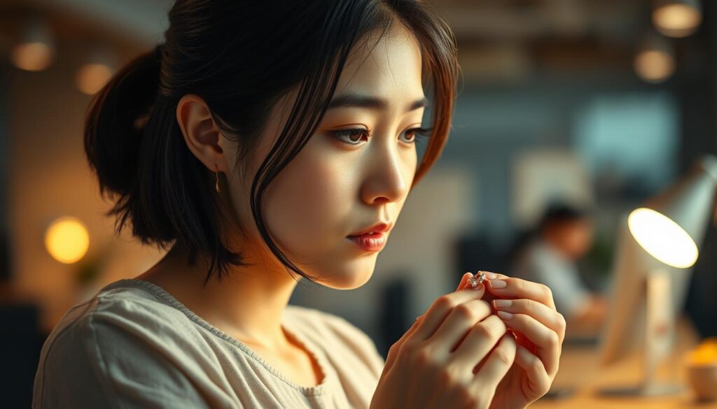 A young Japanese woman in a thoughtful pose, her gaze fixed on a delicate piece of jewelry she is designing. The scene is bathed in warm, soft lighting, creating a serene and contemplative atmosphere. In the background, a blurred office environment suggests a recent career change. The woman's focused expression and the intricate details of the jewelry she is creating convey her passion for her new path as a jewelry designer. The image captures the intersection of her career journey and her creative endeavors, reflecting the theme of "Career Change and Jewelry Design".