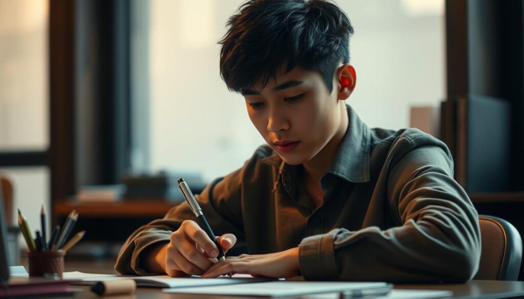 A young Japanese writer sits at a desk, pen in hand, deep in thought. The soft, diffused lighting casts a warm, contemplative glow, highlighting the intense focus on their face as they carefully craft their words. The background is blurred, creating a sense of isolation and concentration, allowing the viewer to fully immerse themselves in the creative process. The scene conveys the dedication and skill required to hone one's writing abilities, a crucial aspect of the journalist's craft.