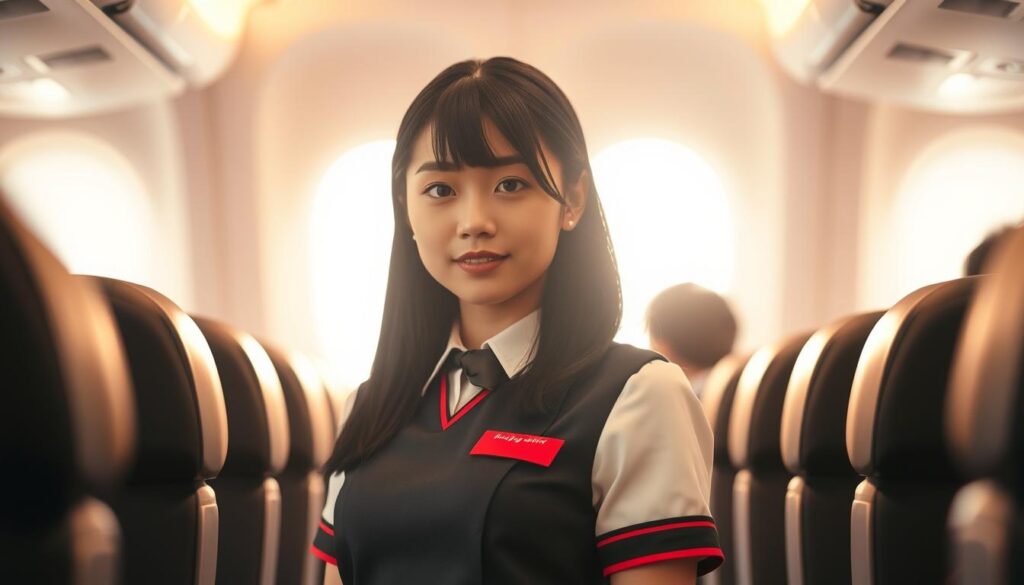A young, graceful flight attendant stands in the cabin, her black hair framing a delicate, Japanese-inspired face. The soft, natural lighting from the windows bathes her uniformed figure in a warm, inviting glow, highlighting the poise and professionalism expected of her role. The camera captures her from a mid-level angle, conveying a sense of authority and competence as she prepares to greet and assist passengers. The overall mood is one of elegance, efficiency, and a dedication to providing excellent customer service.