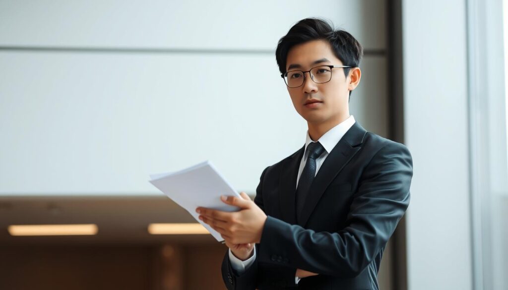 A young professional Japanese consultant, dressed in a formal black suit, stands confidently in a modern office setting. Soft natural lighting illuminates their thoughtful expression as they review documents, symbolizing the focus and expertise required to obtain a coveted management consultant certification. The background features a sleek, minimalist design with clean lines and muted tones, creating a sense of professionalism and success. The overall scene conveys the value and prestige associated with this specialized qualification.