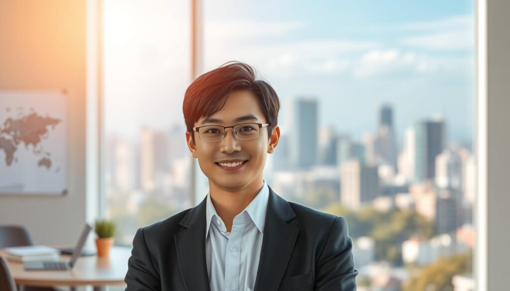 A young, professional-looking Japanese individual stands confidently in the foreground, their expression exuding a sense of determination and purpose. The middle ground features a softly blurred office setting, suggesting a transition from their previous career. In the background, a vibrant cityscape provides a dynamic backdrop, hinting at the vast opportunities available in this new career path. Warm, natural lighting illuminates the scene, creating a sense of optimism and growth. The overall composition conveys the subject's successful career change, transitioning from a role as a proofreader to a new, fulfilling professional endeavor.