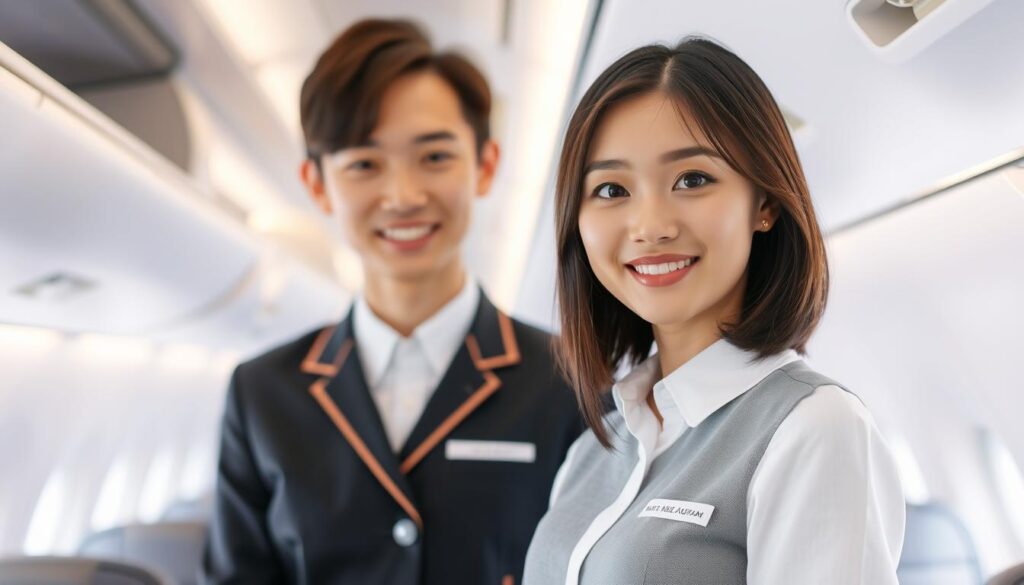 A young, professionally dressed Japanese cabin attendant standing in a bright, airy aircraft cabin. The attendant's hair is neatly styled, and they exude a warm, welcoming demeanor. The cabin features clean, minimalist design elements, with soft lighting and a sense of calm efficiency. The attendant's body language and facial expression convey the attentiveness, problem-solving skills, and interpersonal abilities required for this role. The image captures the professionalism, service orientation, and attention to detail that are hallmarks of a skilled cabin attendant.