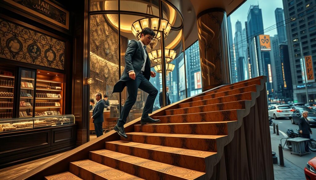 A young, stylishly dressed Japanese chocolatier ascending a winding career path, showcased in a dynamic and cinematic scene. The foreground features the chocolatier navigating a set of intricate, chocolate-themed steps, their movements graceful and purposeful. The middle ground depicts an elegant, high-end chocolate shop, its interior bathed in warm, inviting lighting. The background reveals a bustling urban cityscape, hinting at the broader landscape of the chocolatier's professional journey. The overall composition conveys a sense of progress, ambition, and the mastery of a specialized craft.