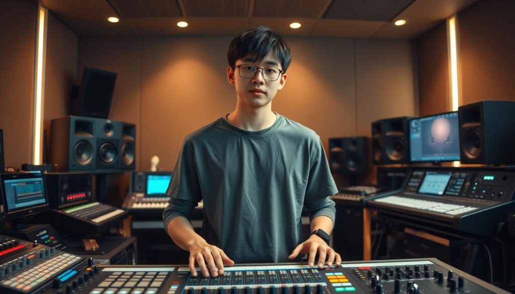 A young, talented Japanese-looking trackmaker standing confidently, hands on their mixing console, surrounded by a sleek, modern recording studio filled with state-of-the-art equipment. Soft, warm lighting illuminates their focused expression as they meticulously craft their latest electronic beat, capturing the passion and technical expertise of their craft. The scene evokes a sense of creative flow and the potential for a lucrative career in the music industry.