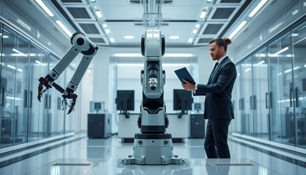 An advanced robotic manipulator stands at the center of a sleek, technologically-advanced workspace. Elegant human figures operate the machine with precision and focus, their expressions conveying the intellectual challenge and career prospects of this specialized field. The scene is bathed in cool, even lighting, capturing the clean, futuristic atmosphere of a high-tech laboratory or engineering facility. The manipulator's mechanical arms and grippers suggest the power and versatility of this tool, while the engaged human operators hint at the essential role of human-machine collaboration. The composition emphasizes the symbiotic relationship between person and machine, hinting at the rewarding career path this technology represents.