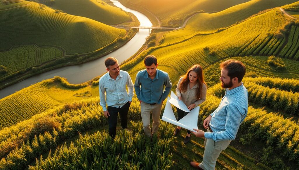 An aerial view of a verdant agricultural landscape, with a team of young, dedicated agricultural civil engineering consultants discussing plans and surveying the terrain. The consultants, with their sharp, analytical gazes and focused expressions, are dressed in professional attire, standing amidst a lush backdrop of rolling hills, winding rivers, and thriving farmland. Warm, natural lighting illuminates the scene, casting a golden glow and highlighting the consultants' determination to optimize land usage and infrastructure for sustainable, productive agriculture. The composition emphasizes the consultants' central role in shaping the future of the agricultural sector, their expertise and problem-solving abilities guiding the way towards a more prosperous and environmentally-conscious future.