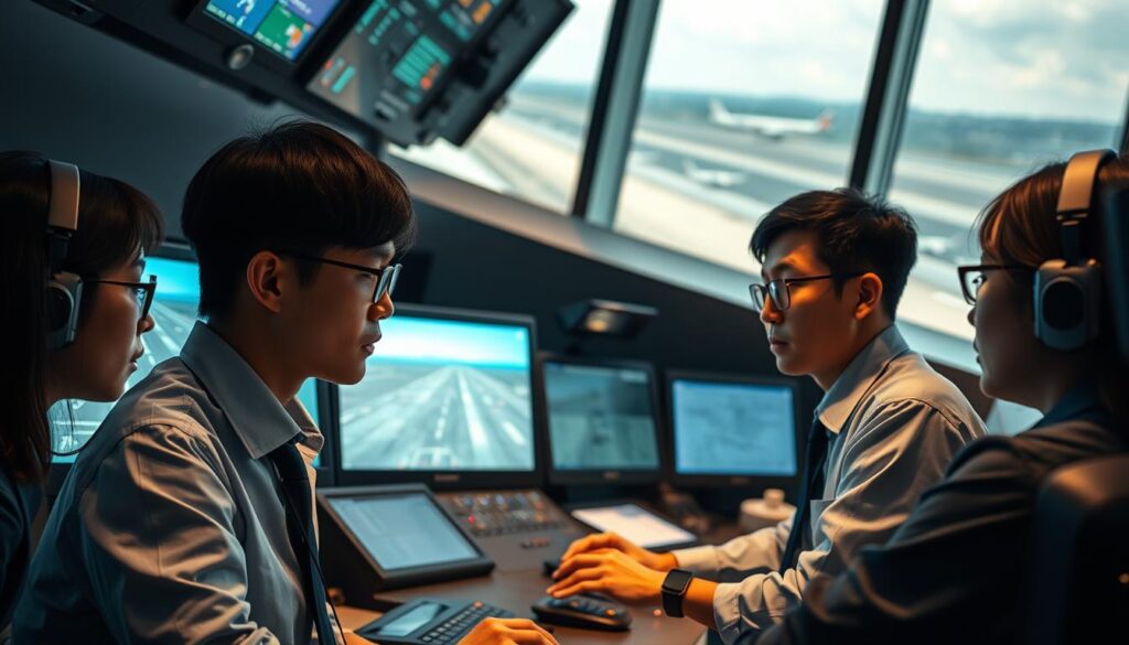 An air traffic control room at a busy international airport, with a team of young, serious-faced Japanese operators intently monitoring multiple screens and panels. Soft, diffused lighting illuminates the focused expressions and efficient movements as they coordinate the complex dance of aircraft takeoffs and landings. The atmosphere is tense yet professional, with a sense of responsibility and dedication palpable in the air. Towering windows in the background offer glimpses of the bustling runways and skies beyond, reinforcing the crucial role these operators play in ensuring safe and efficient air travel.