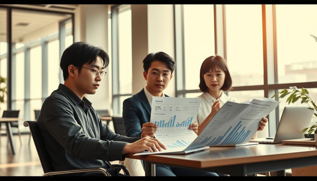 An architectural firm's modern office space, bathed in soft natural light from large windows. Three young, Japanese-looking architects sit at their desks, studying financial reports and graphs depicting income trends and salary distributions. Their expressions are focused, yet contemplative, as they analyze the nuances of the architectural profession's compensation landscape. The scene is captured with a cinematic, documentary-style lens, creating a sense of thoughtful introspection. Warm tones and clean, minimalist design elements subtly convey the subject's seriousness and professionalism.