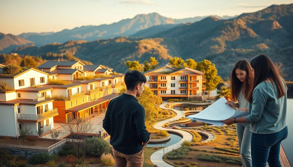 An architectural model of a sustainable eco-friendly residential development, featuring a mix of modern and traditional Japanese-inspired design elements. The buildings have a low-impact, energy-efficient layout with green roofs, solar panels, and natural ventilation systems. In the foreground, a group of young, diverse designers in casual attire collaborate on a design plan, their faces focused and determined. The middle ground showcases a lush, well-planned landscape with native plants, walking paths, and a serene pond. The background depicts a scenic mountain vista, bathed in warm, golden-hour lighting that casts long shadows across the scene, conveying a sense of harmony and environmental stewardship.