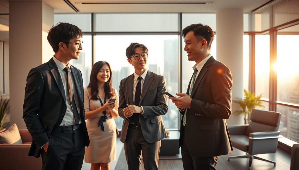 An artfully composed scene showcasing the dynamic trends shaping the tour conductor industry. A trio of young, refined-looking Japanese individuals stand in a contemporary office space, engaged in an animated discussion. Soft, directional lighting casts intriguing shadows, evoking a sense of professionalism and innovation. The background features sleek, minimalist furnishings and a large window overlooking a bustling cityscape, hinting at the industry's urban, fast-paced nature. An air of thoughtfulness and anticipation permeates the scene, capturing the essence of the "ツアーコンダクター 業界トレンド".