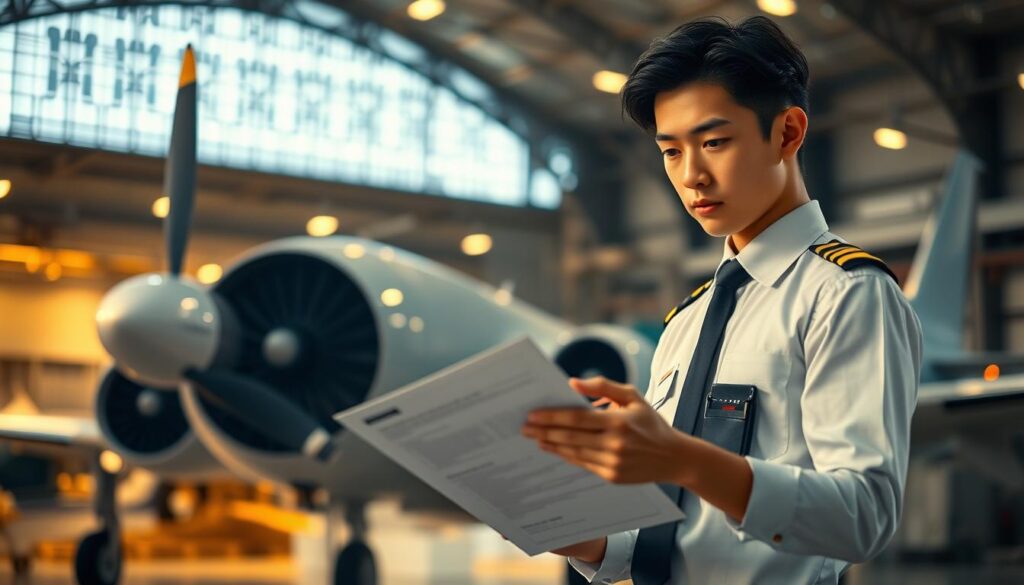 An aspiring young Japanese pilot stands in a well-lit hangar, meticulously examining a flight checklist. Dressed in a crisp, tailored uniform, they exude a sense of focus and determination. The surroundings are filled with the subtle hum of aircraft engines, and the warm, industrial lighting casts a sense of anticipation. In the background, a vast array of advanced avionics and equipment hints at the technical expertise required for this esteemed profession. The pilot's gaze is intense, conveying their unwavering commitment to mastering the skills necessary to soar through the skies. This image captures the essence of the dedicated preparation needed to become a skilled and reliable pilot.