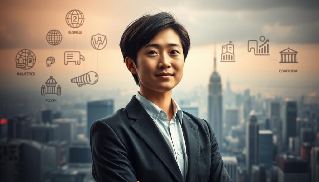An atmospheric scene showcasing the career path of an interpreter. In the foreground, a young Japanese-looking individual stands confidently, dressed in professional attire. They are flanked by various symbols representing the diverse industries and settings where interpreters work, such as business meetings, international conferences, and courtrooms. The middle ground depicts a bustling cityscape with skyscrapers and global landmarks, highlighting the cosmopolitan nature of the interpreter's role. The background is softly lit, creating a sense of focus and drama, with subtle gradients and blurred edges to draw the viewer's attention to the central figure. The overall mood conveys the dynamism, versatility, and importance of the interpreter's profession.