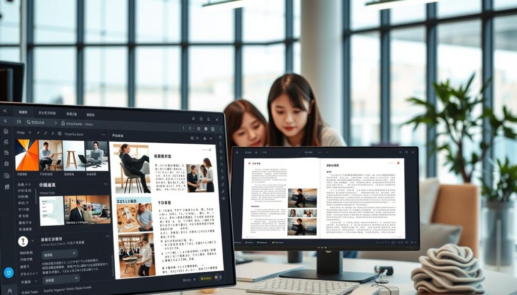 An editorial design software tool interface, showcasing various features and functionalities. The foreground depicts a well-organized workspace with intuitive UI elements, allowing users to effortlessly manipulate text, images, and layout. The middle ground features young, Japanese-looking designers collaborating on a project, their expressions conveying focus and creativity. The background presents a sleek, modern office setting with floor-to-ceiling windows, providing ample natural lighting. The overall scene radiates a sense of professionalism, productivity, and the seamless integration of design software into the editorial design workflow.