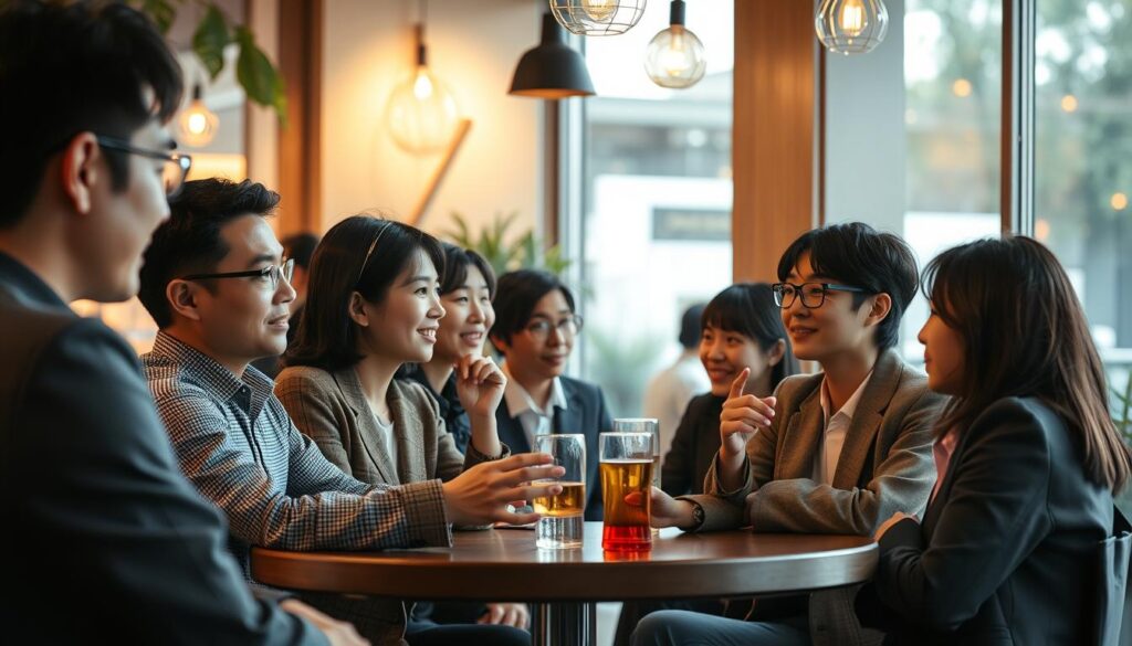 An elaborate networking scene showcasing the importance of human connections. Capture a group of young, Japanese-looking professionals engaged in lively discussion, their faces lit by the warm glow of a cozy cafe setting. Convey a sense of camaraderie and idea-sharing through their animated body language and eye contact. Set the scene with soft, diffused lighting that casts subtle shadows, creating depth and an intimate atmosphere. Render the scene with a photorealistic style that emphasizes the natural textures of the cafe's furnishings and the participants' attire. The overall composition should emphasize the central theme of meaningful networking and the value of interpersonal relationships.