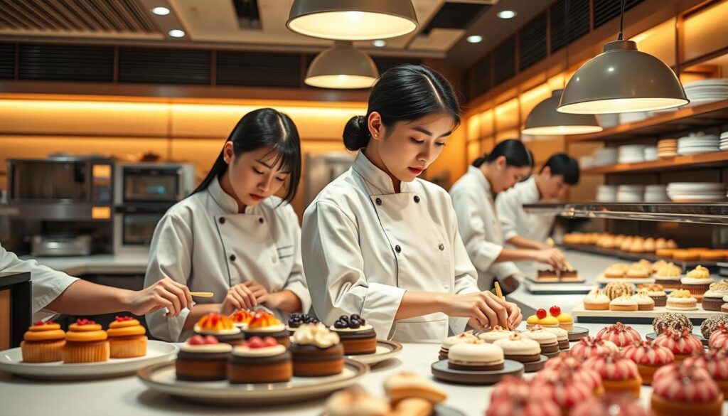 An elegant Japanese patisserie scene showcasing a team of skilled young pastry chefs diligently preparing an array of delectable desserts. The chefs, with their sleek black hair and refined facial features, work with focused precision under warm, evenly distributed lighting that casts a soft, inviting glow. The countertops are adorned with an assortment of freshly baked pastries, their intricate designs and vibrant colors creating a visually captivating display. In the background, a pristine kitchen layout with stainless steel appliances and clean white surfaces completes the professional, high-quality atmosphere. The overall scene conveys the dedication, expertise, and attention to detail that defines the world of the Japanese patisserie.
