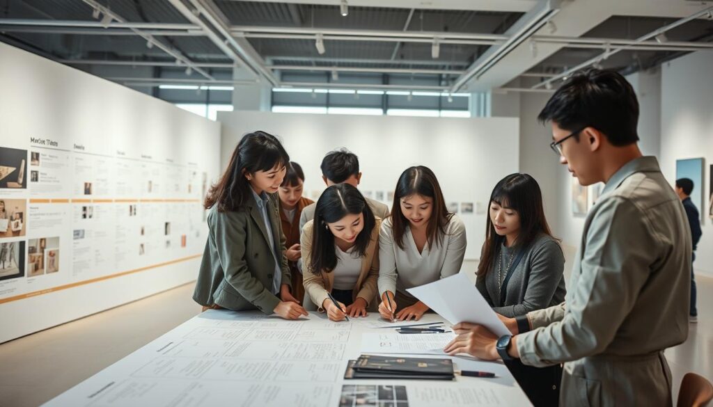 An elegant and meticulously planned exhibition process unfolds in a modern, well-lit art gallery. In the foreground, a diverse team of young, Japanese-looking curators huddle around a table, deeply engaged in discussions, sketching ideas and referencing mood boards. The middle ground features a large wall display showcasing a detailed timeline and workflow, while the background reveals the gallery's sleek, minimalist architecture with large windows allowing natural light to pour in, creating a serene, professional atmosphere. The scene conveys the collaborative, thoughtful nature of curating a visually stunning and impactful exhibition.