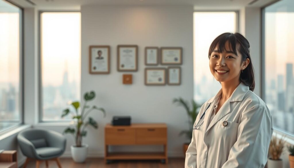 An elegant and serene scene of a young Japanese therapist's career advancement. In the foreground, the therapist stands confidently, wearing a crisp white lab coat and a warm, compassionate expression. Behind them, a soothing, minimalist office space with floor-to-ceiling windows, allowing natural light to filter in and create a calming atmosphere. In the middle ground, diplomas and certificates adorn the walls, showcasing the therapist's expertise and dedication to their craft. The background features a tranquil urban skyline, hinting at the therapist's growing professional network and opportunities for growth. Lighting is soft and diffused, casting a warm, inviting glow over the entire scene. The overall mood is one of quiet confidence, professional achievement, and a genuine commitment to helping others.