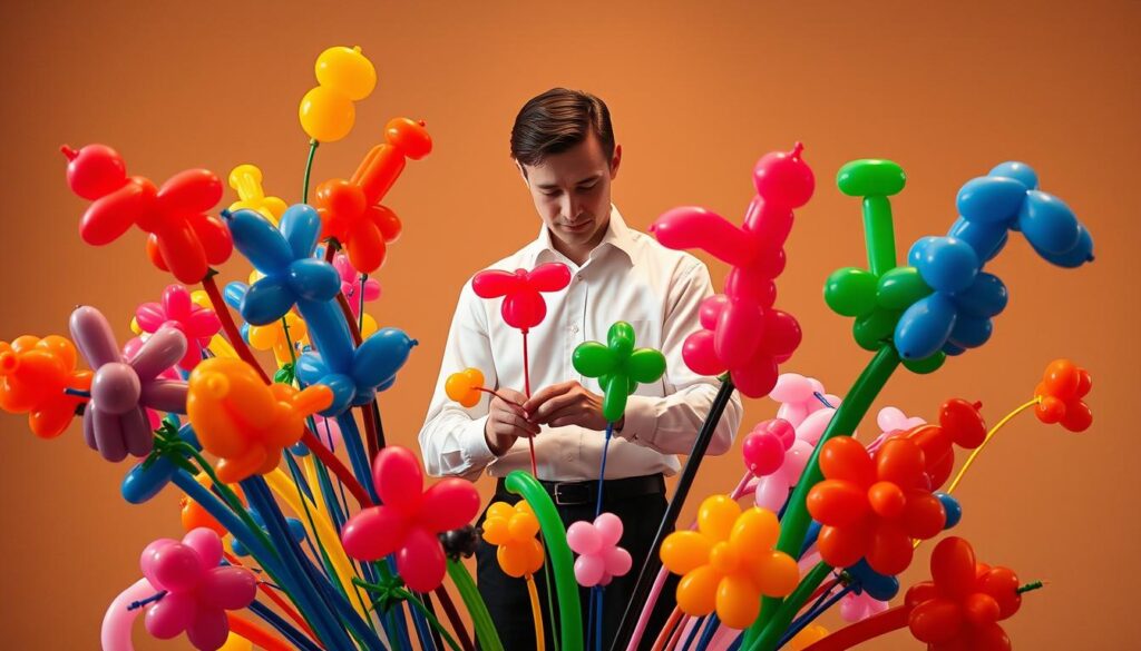 An elegant and skillful balloon artist, dressed in a crisp white shirt and black trousers, stands amidst a captivating display of their craft. The foreground features an intricate bouquet of vibrant balloon sculptures, each meticulously crafted with a keen eye for detail and a touch of whimsy. The middle ground showcases the artist at work, their hands deftly manipulating the supple latex, shaping it into fantastical forms that delight the senses. The background is softly blurred, creating a sense of depth and focus on the artist's masterful performance. Warm, diffused lighting casts a gentle glow, highlighting the artist's concentration and the vibrant colors of the balloons. The overall scene conveys the artistry, dedication, and potential earnings of this unique profession.