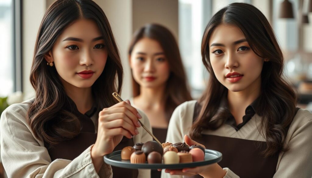 An elegant and sophisticated chocolatier's career abroad, showcasing the elegant craftsmanship of young Japanese-inspired models with dark hair, captured in a realistic photographic style. Soft natural lighting illuminates the scene, highlighting the intricate details of the chocolate confections and the refined, poised expressions of the models. The background subtly suggests an upscale, cosmopolitan setting, allowing the focus to remain on the artistry and precision of the chocolatier's work. The overall mood conveys a sense of refined elegance and global success in the world of high-end chocolate.