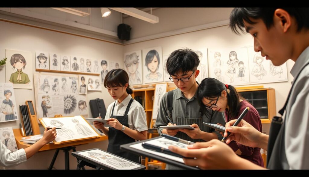An elegant character design education program set in a modern, well-equipped art studio. The foreground features a group of young, focused Japanese-looking artists intently sketching their creations on drawing tablets, their expressions conveying a sense of passion and dedication. The middle ground showcases various drawing tools, reference materials, and inspirational character design illustrations pinned to the walls, creating an immersive, creative atmosphere. The background is softly lit, emphasizing the serene, contemplative mood of the space, inviting the viewer to imagine themselves as part of this enriching educational experience for aspiring character designers.